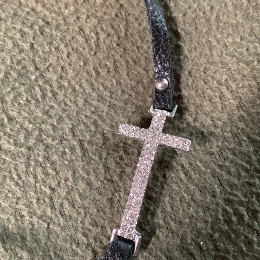 Black leather studded bracelet with cross.  Double wrap.  23 inches. - Picture 2 of 3